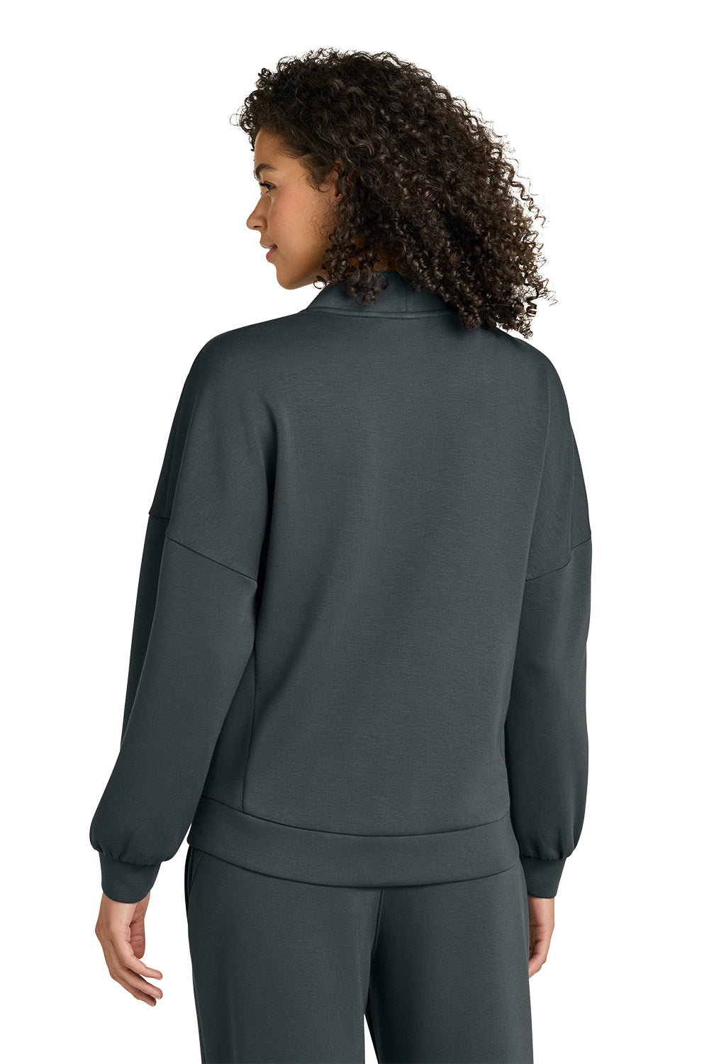 Person wearing a dark gray jacket and pants on a white background, OGIO® Women’s Transcend Cardigan, Embroidered