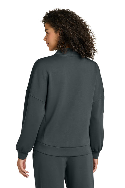 Person wearing a dark gray jacket and pants on a white background, OGIO® Women’s Transcend Cardigan, Embroidered
