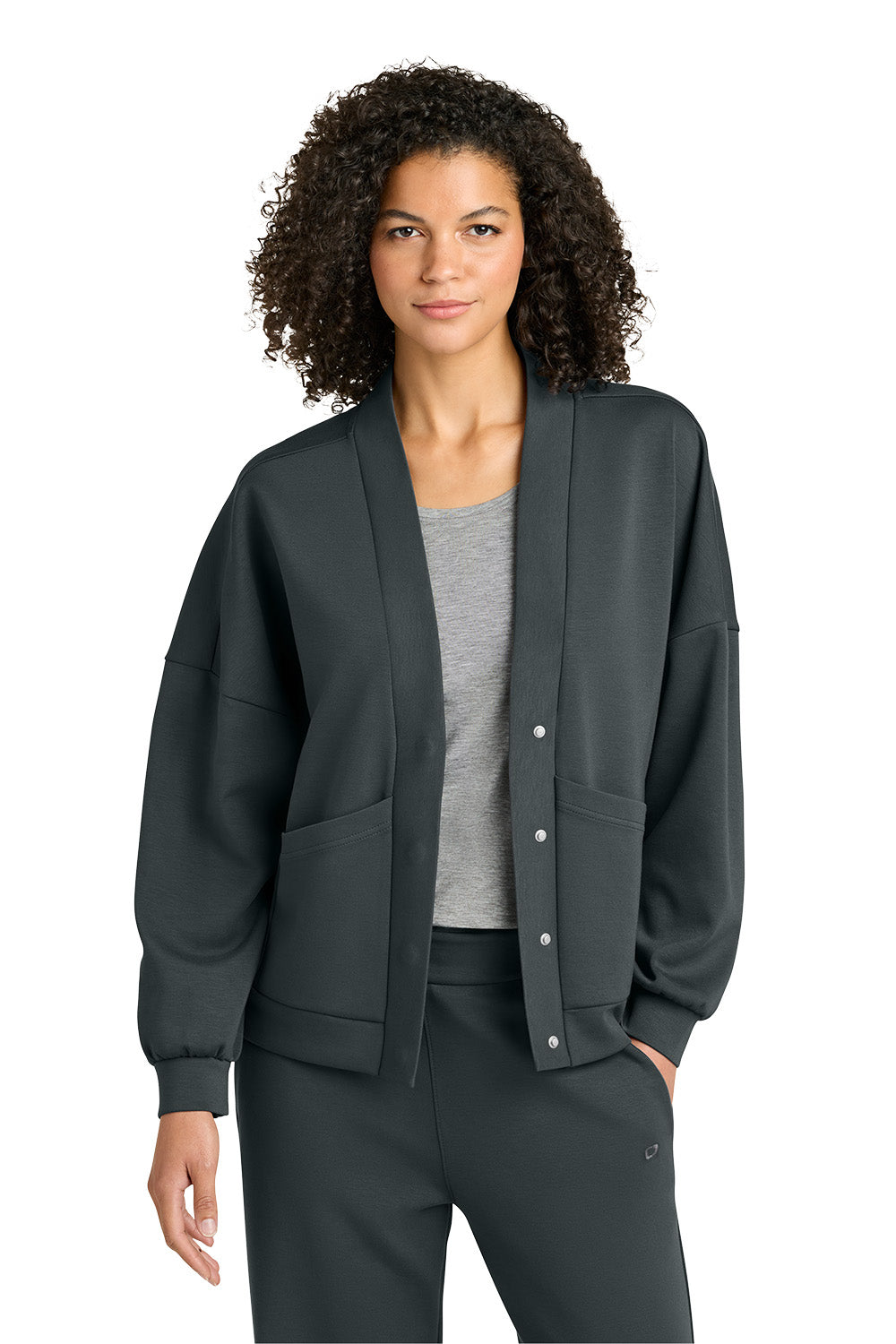 Woman wearing a dark gray cardigan over a gray shirt on a white background, OGIO® Women’s Transcend Cardigan, Embroidered