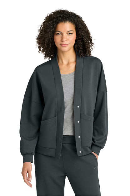 Woman wearing a dark gray cardigan over a gray shirt on a white background, OGIO® Women’s Transcend Cardigan, Embroidered