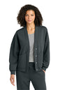 Woman wearing a dark gray cardigan over a gray shirt on a white background, OGIO® Women’s Transcend Cardigan, Embroidered