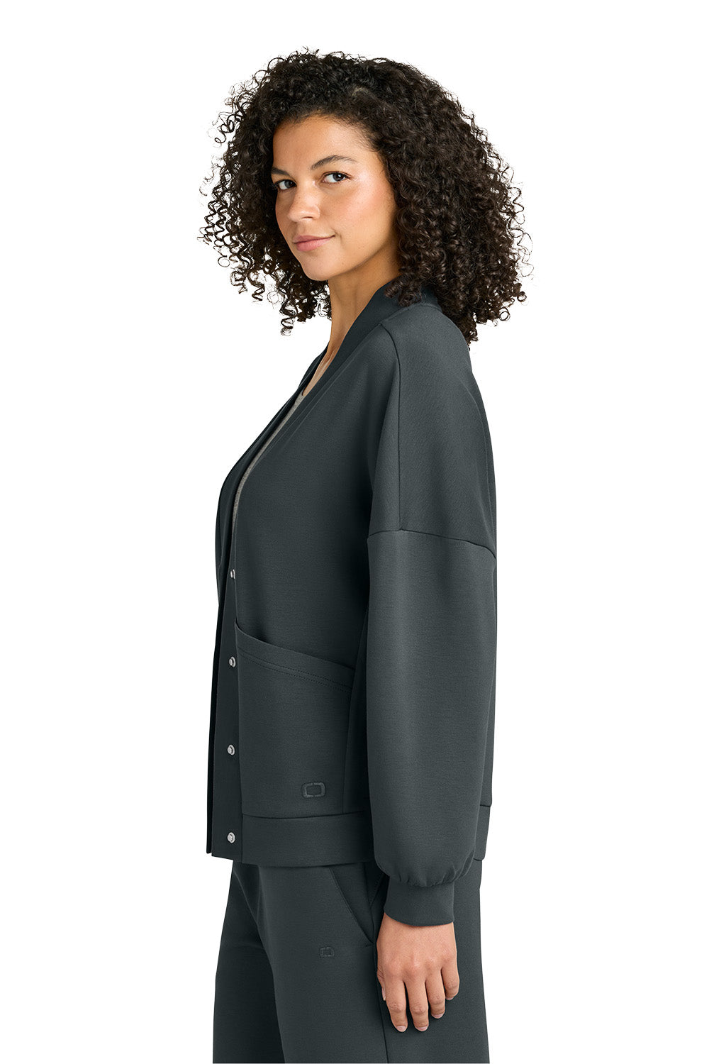 Woman wearing a gray medical coat on a white background, OGIO® Women’s Transcend Cardigan, Embroidered