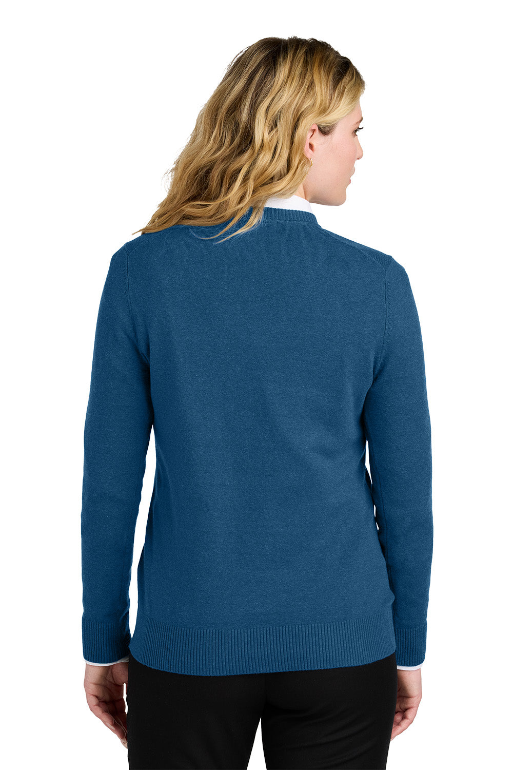 Woman wearing a blue sweater on a white background. Port Authority® Women’s Easy Care V-Neck Sweater, Embroidered
