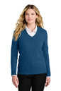 Woman wearing a blue sweater over a white shirt on a white background. Port Authority® Women’s Easy Care V-Neck Sweater, Embroidered