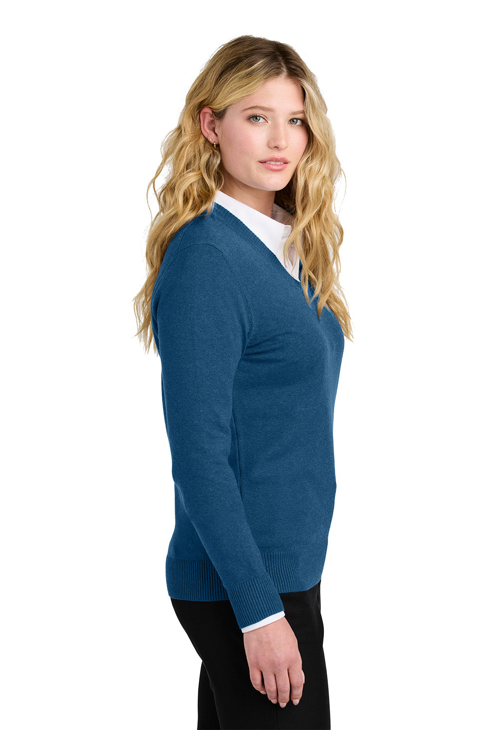 Woman wearing a blue sweater over a white shirt on a white background. Port Authority® Women’s Easy Care V-Neck Sweater, Embroidered