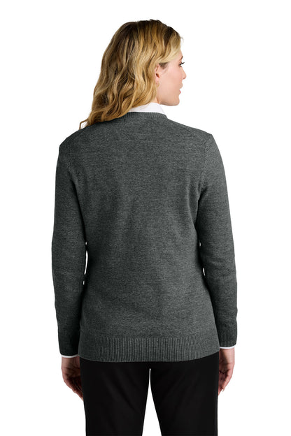 Woman wearing a gray sweater on a white background. Port Authority® Women’s Easy Care V-Neck Sweater, Embroidered