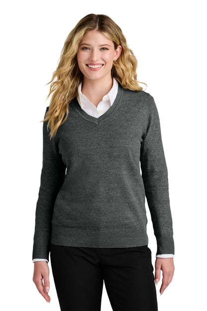 Woman wearing a gray sweater over a white shirt on a white background. Port Authority® Women’s Easy Care V-Neck Sweater, Embroidered