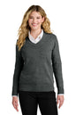 Woman wearing a gray sweater over a white shirt on a white background. Port Authority® Women’s Easy Care V-Neck Sweater, Embroidered