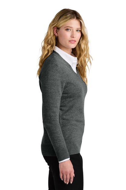 Woman wearing a gray sweater over a white shirt on a white background. Port Authority® Women’s Easy Care V-Neck Sweater, Embroidered