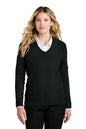 Woman wearing a black sweater over a white shirt on a white background. Port Authority® Women’s Easy Care V-Neck Sweater, Embroidered