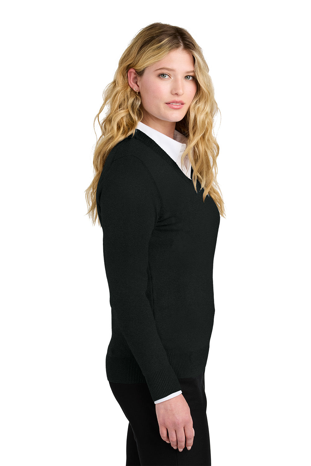 Woman wearing a black suit with a white shirt on a white background. Port Authority® Women’s Easy Care V-Neck Sweater, Embroidered