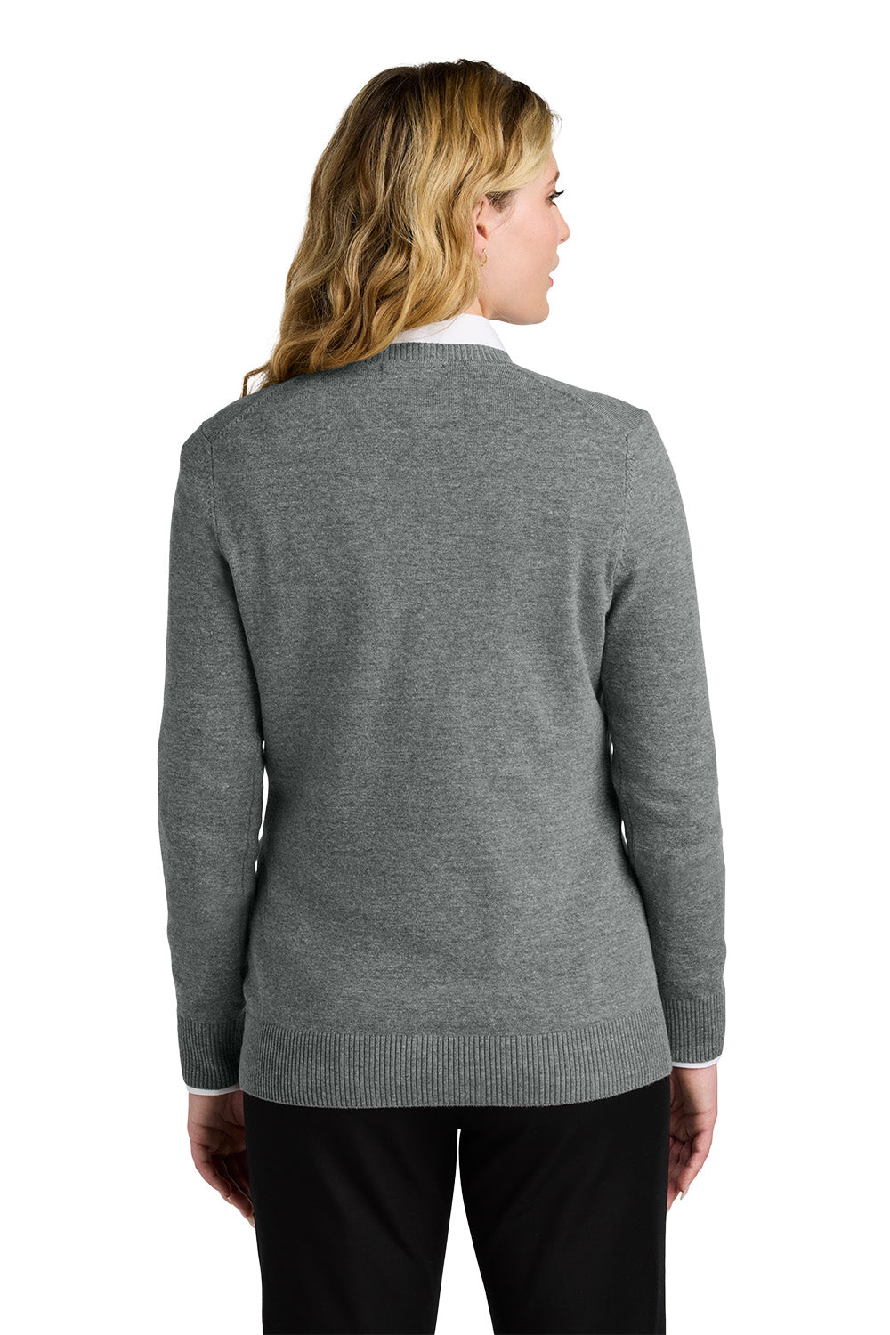 Woman wearing a gray sweater on a white background. Port Authority® Women’s Easy Care V-Neck Sweater, Embroidered