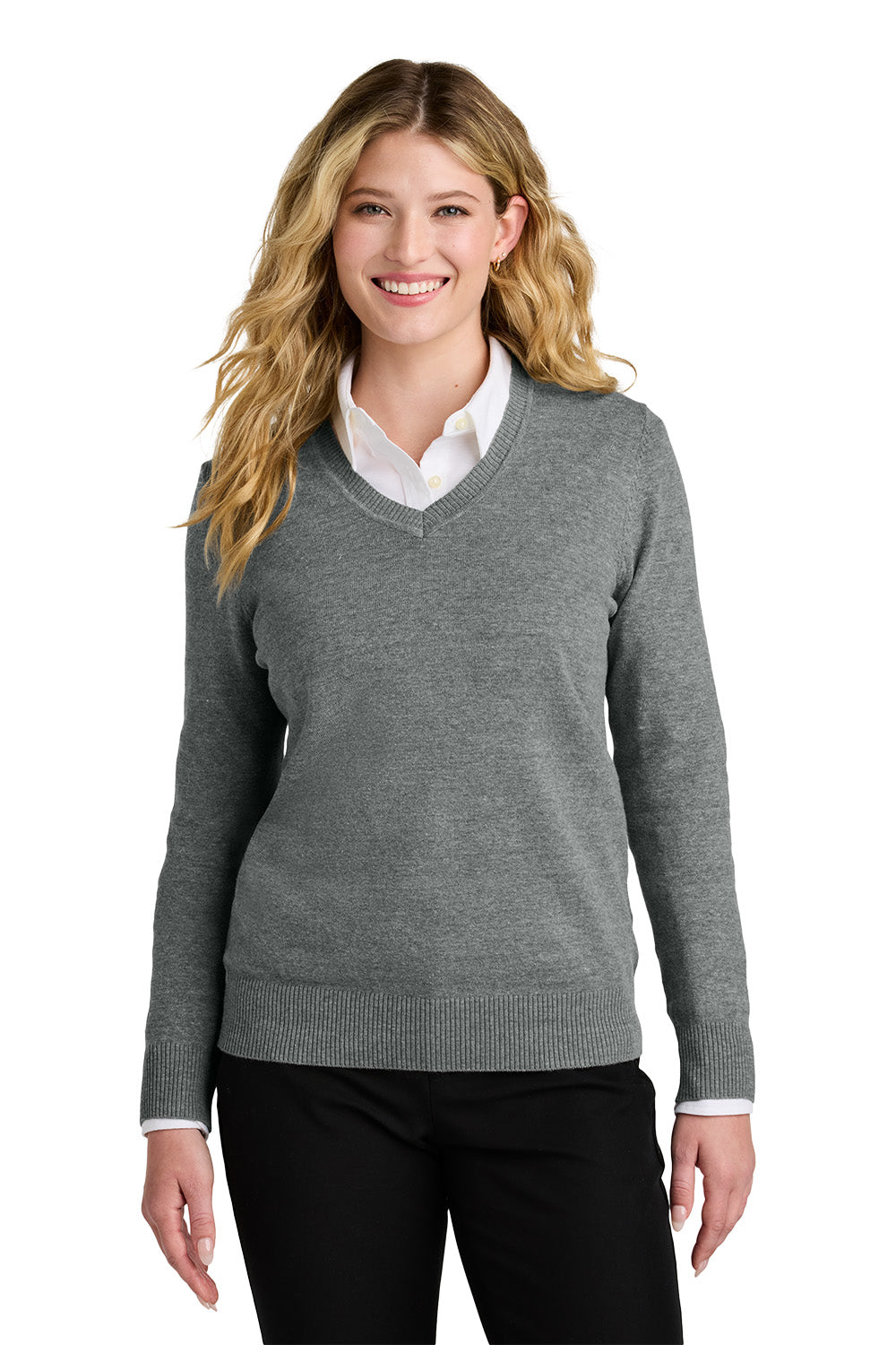 Woman wearing a gray sweater over a white shirt on a white background. Port Authority® Women’s Easy Care V-Neck Sweater, Embroidered