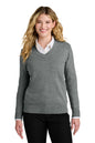 Woman wearing a gray sweater over a white shirt on a white background. Port Authority® Women’s Easy Care V-Neck Sweater, Embroidered
