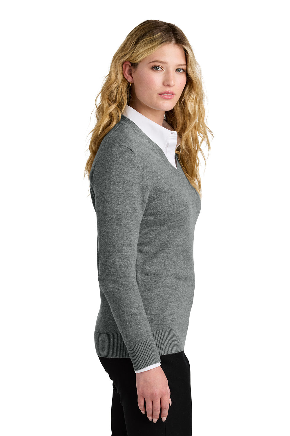 Woman wearing a gray sweater over a white shirt on a white background. Port Authority® Women’s Easy Care V-Neck Sweater, Embroidered