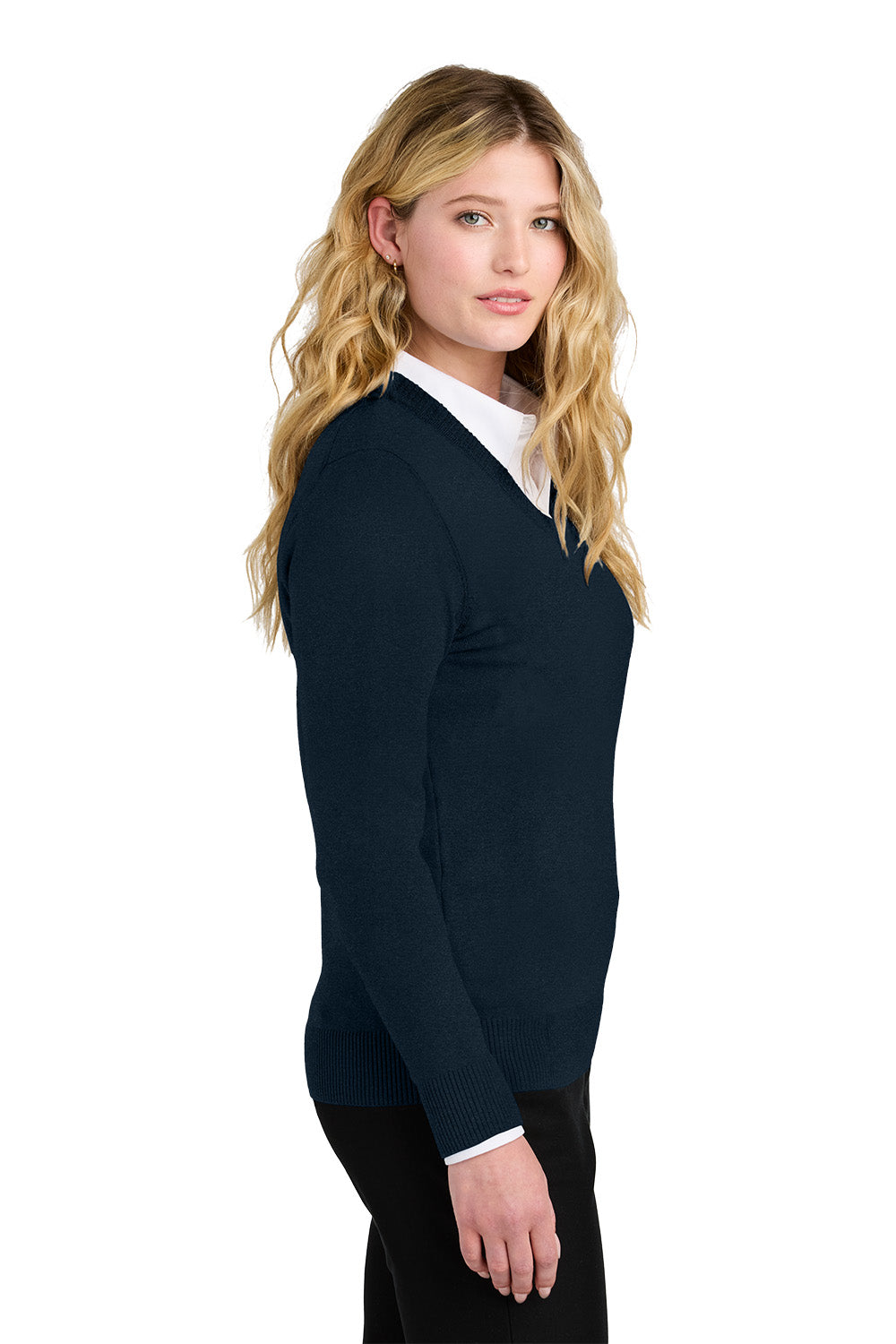 Woman wearing a navy blue sweater over a white shirt on a white. Port Authority® Women’s Easy Care V-Neck Sweater, Embroidered background