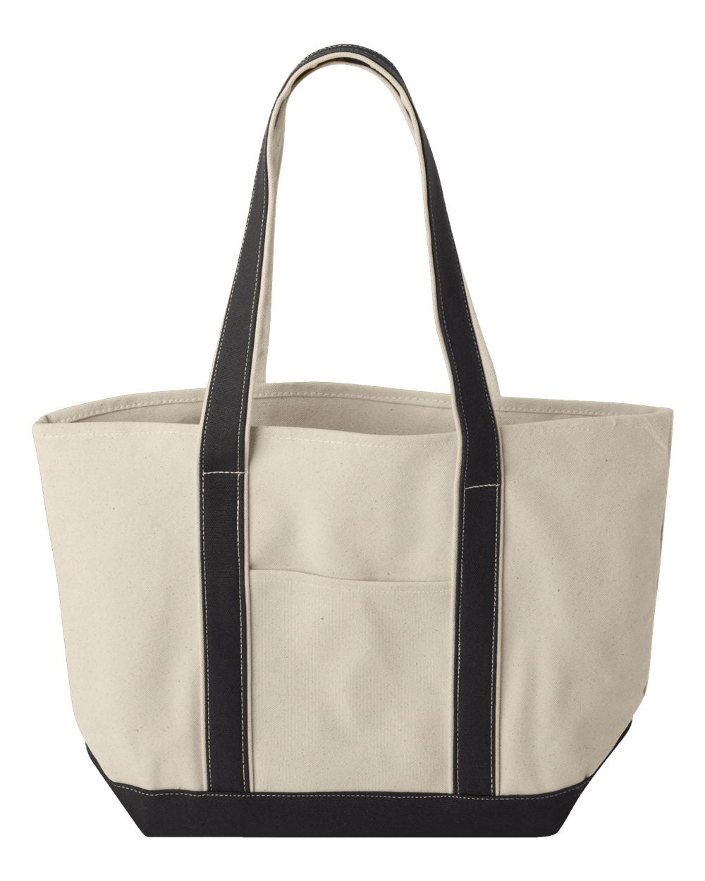 Beige tote bag with black handles and trim on a white background. MI Tote (Large), Natural Canvas Tote, Custom Text & Michigan Motif