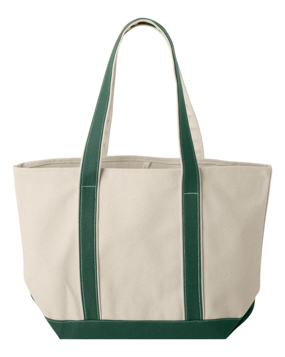 Beige tote bag with green straps on a white background. MI Tote (Large), Natural Canvas Tote, Custom Text & Michigan Motif