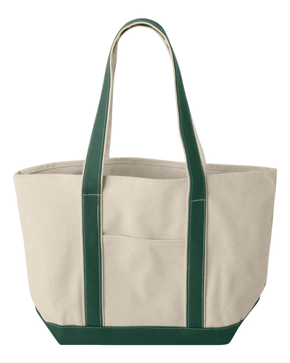 Beige tote bag with green handles and trim on a white background. MI Tote (Large), Natural Canvas Tote, Custom Text & Michigan Motif