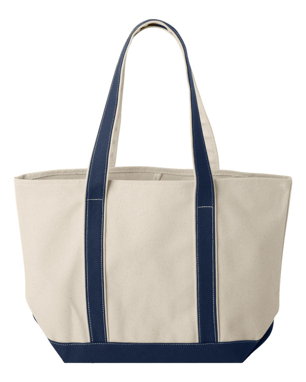 Beige tote bag with navy handles and trim on a white background. MI Tote (Large), Natural Canvas Tote, Custom Text & Michigan Motif