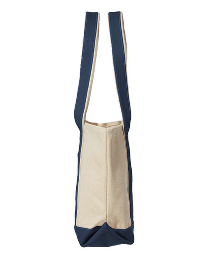 Navy blue and beige bag with straps on a white background. MI Tote (Large), Natural Canvas Tote, Custom Text & Michigan Motif