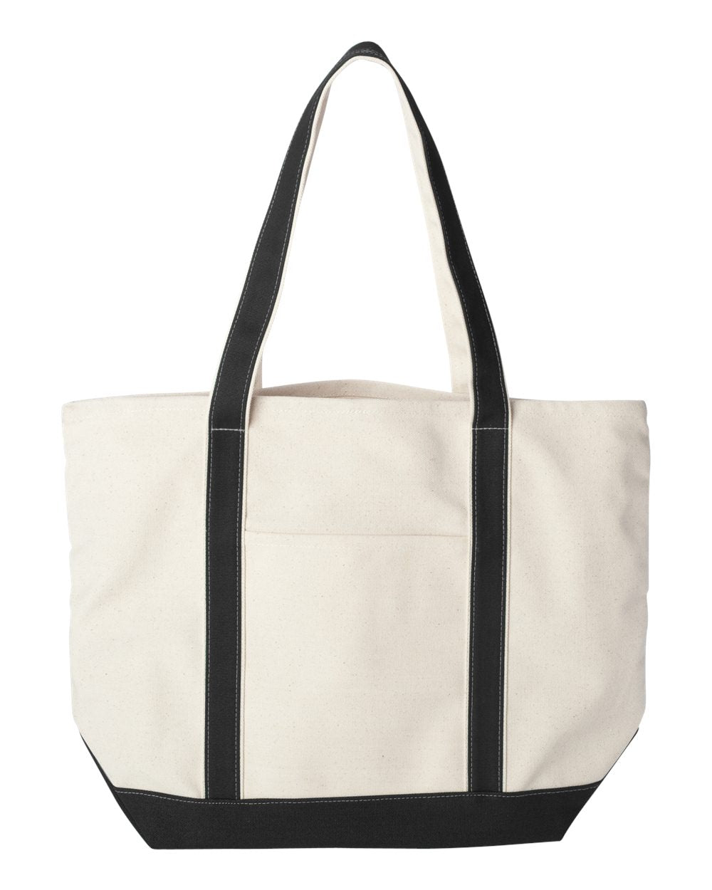 White tote bag with black handles and trim on a white background. MI Tote, Natural Canvas Tote, XL, Custom Text & Michigan Motif