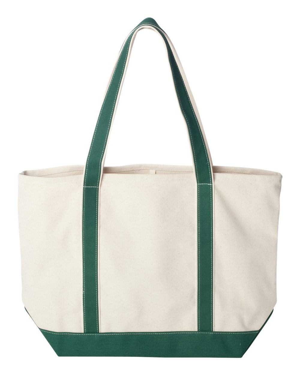 Beige tote bag with green handles and trim on a white background. MI Tote, Natural Canvas Tote, XL, Custom Text & Michigan Motif