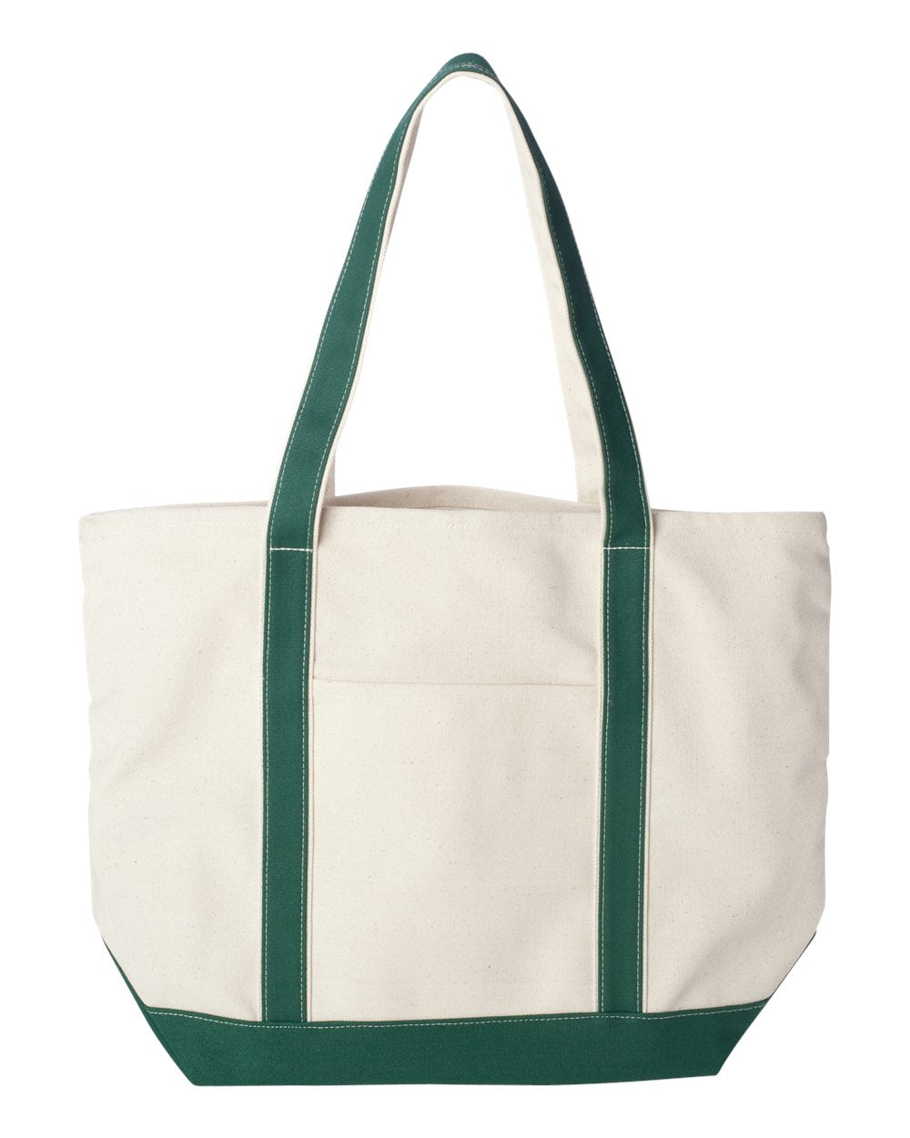 White tote bag with green handles and trim on a white background. MI Tote, Natural Canvas Tote, XL, Custom Text & Michigan Motif