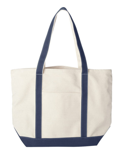 White tote bag with navy handles and trim on a white background. MI Tote, Natural Canvas Tote, XL, Custom Text & Michigan Motif