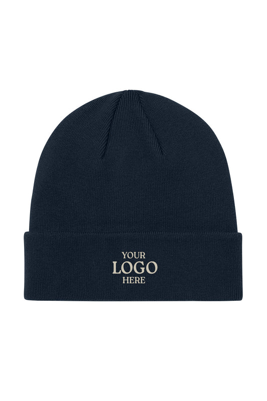 Black beanie with 'Your Logo Here' text on a white background Mercer+Mettle® Soft Blend Beanie, Embroidered