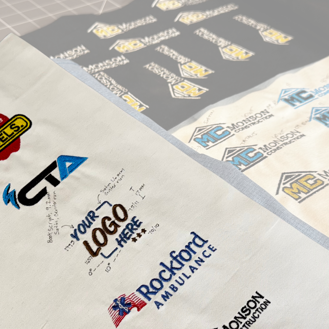 Various logos printed on paper sheets with different companies' branding. Logo Embroidery fee by Helmsman Stitch Co.