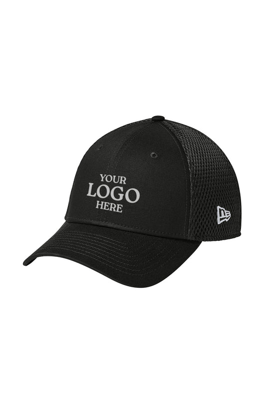 Black cap with text 'YOUR LOGO HERE' on a white background embroidered New Era® Stretch Mesh Cap