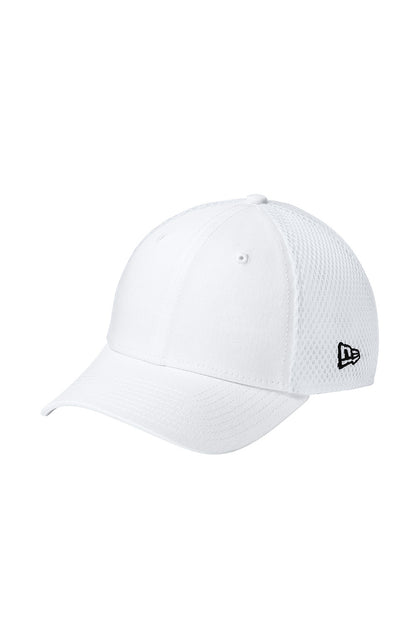 White baseball cap with a brand logo on a white background  embroidered New Era® Stretch Mesh Cap