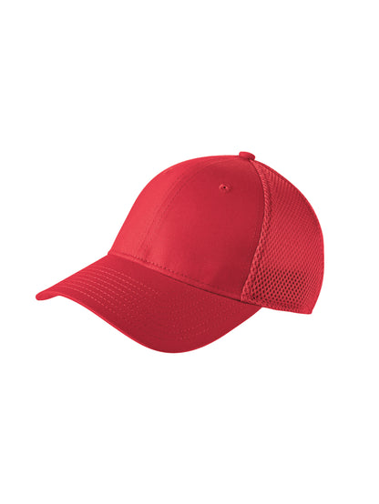 Red baseball cap with mesh back on a white background  embroidered New Era® Stretch Mesh Cap