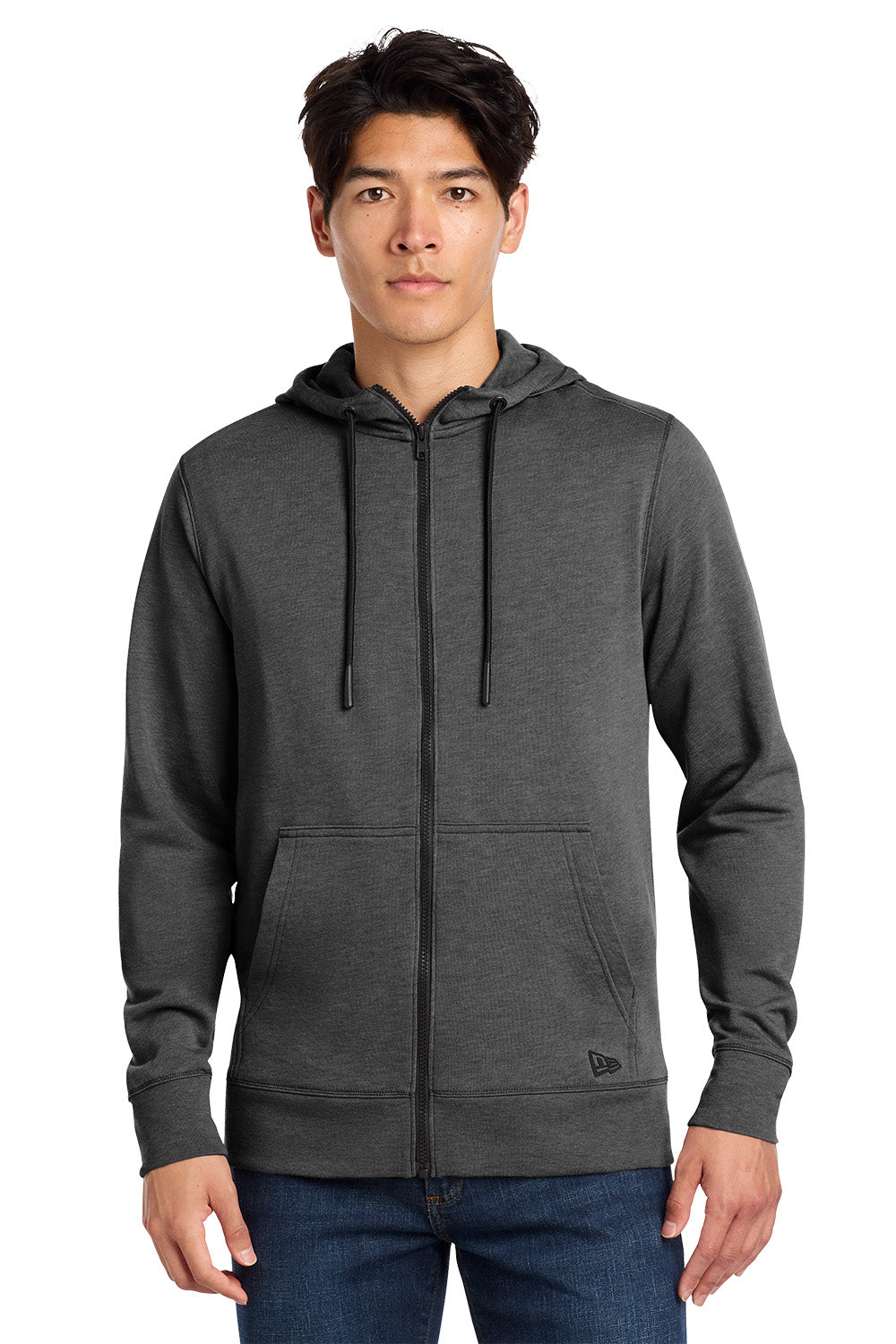 Man wearing a gray hoodie on a white background, Embroidered New Era® Tri-Blend Fleece Full-Zip Hoodie