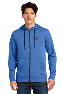 Man wearing a blue hoodie with a brand logo on a white background, Embroidered New Era® Tri-Blend Fleece Full-Zip Hoodie