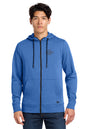 Man wearing a blue hoodie with a brand logo on a white background, Embroidered New Era® Tri-Blend Fleece Full-Zip Hoodie