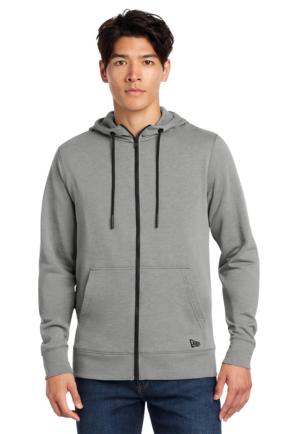 Man wearing a gray hoodie with a brand logo on a white background, Embroidered New Era® Tri-Blend Fleece Full-Zip Hoodie