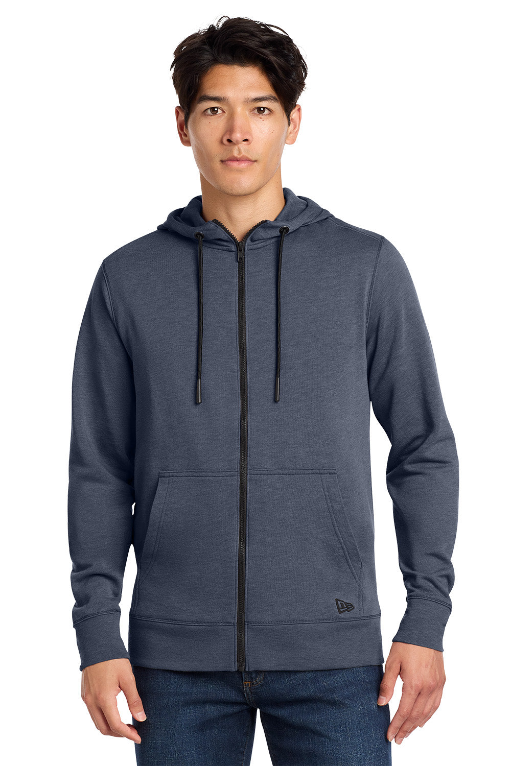 Man wearing a blue hoodie with a brand logo on a white background, Embroidered New Era® Tri-Blend Fleece Full-Zip Hoodie
