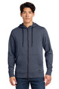 Man wearing a blue hoodie with a brand logo on a white background, Embroidered New Era® Tri-Blend Fleece Full-Zip Hoodie