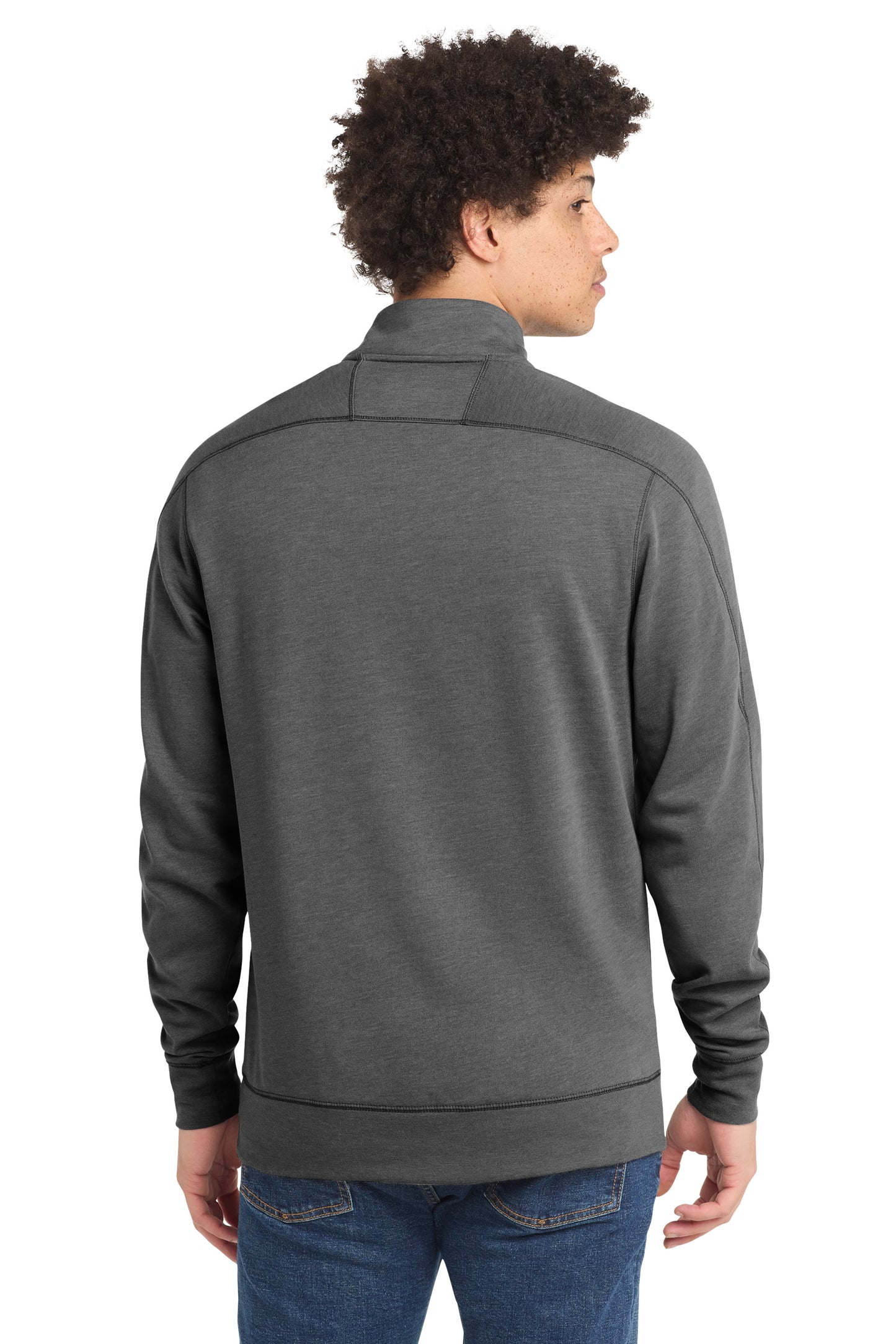 Person wearing a gray half-zip sweatshirt on a white background embroidered New Era® Tri-Blend Fleece 1/4-Zip Pullover