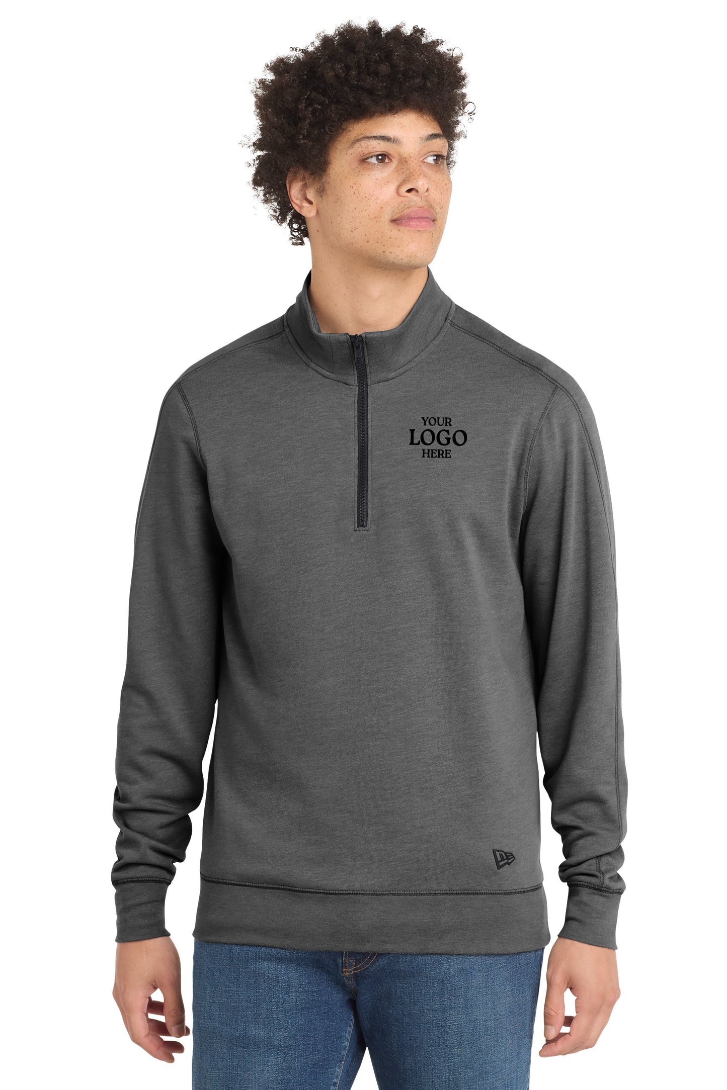 Man wearing a gray quarter-zip sweatshirt with a customizable logo on a white background embroidered New Era® Tri-Blend Fleece 1/4-Zip Pullover