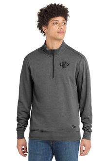 Man wearing a gray quarter-zip sweatshirt with a customizable logo on a white background embroidered New Era® Tri-Blend Fleece 1/4-Zip Pullover