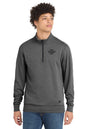 Man wearing a gray quarter-zip sweatshirt with a customizable logo on a white background embroidered New Era® Tri-Blend Fleece 1/4-Zip Pullover