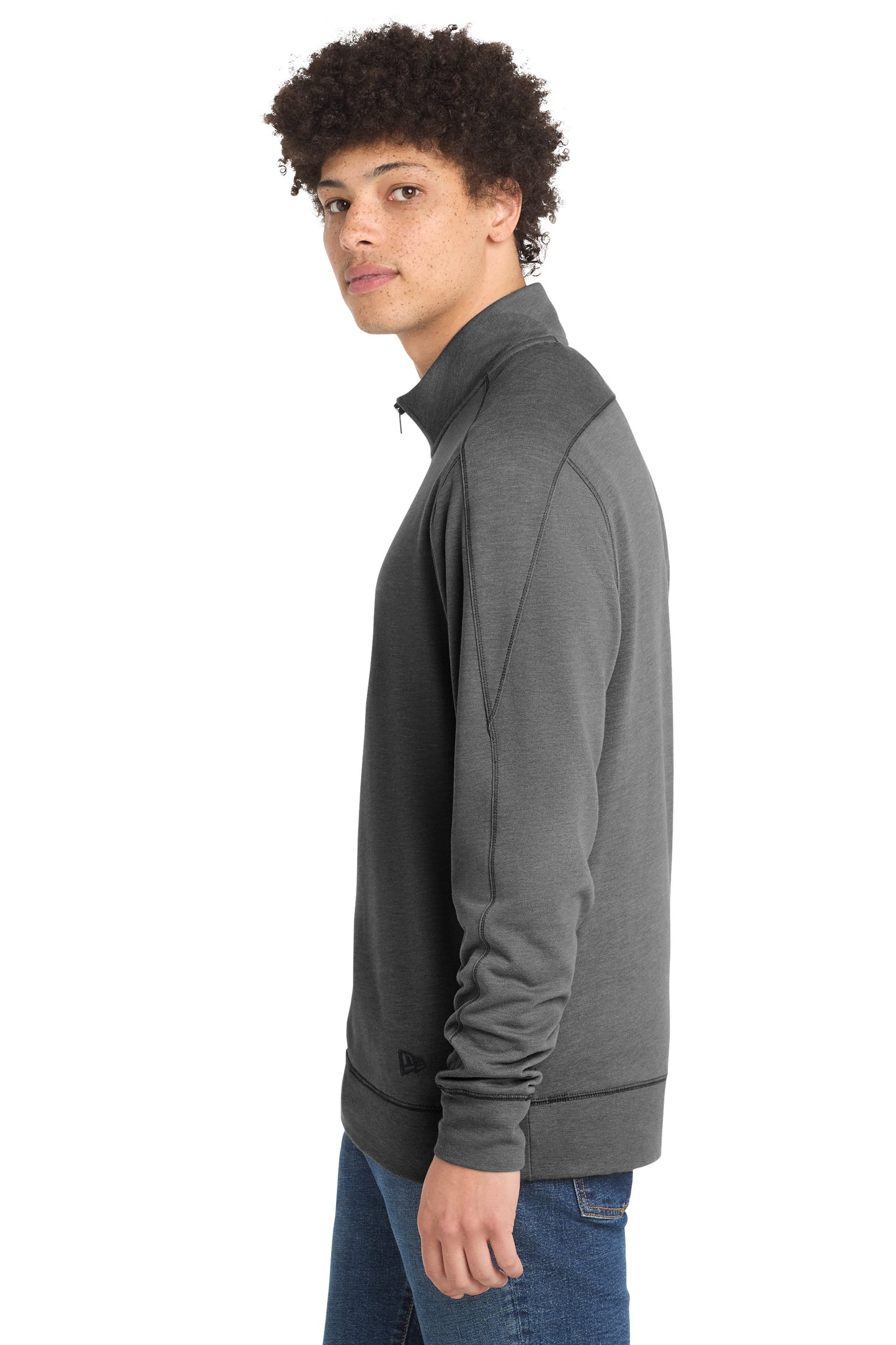 Man wearing a gray zip-up sweatshirt on a white background embroidered New Era® Tri-Blend Fleece 1/4-Zip Pullover