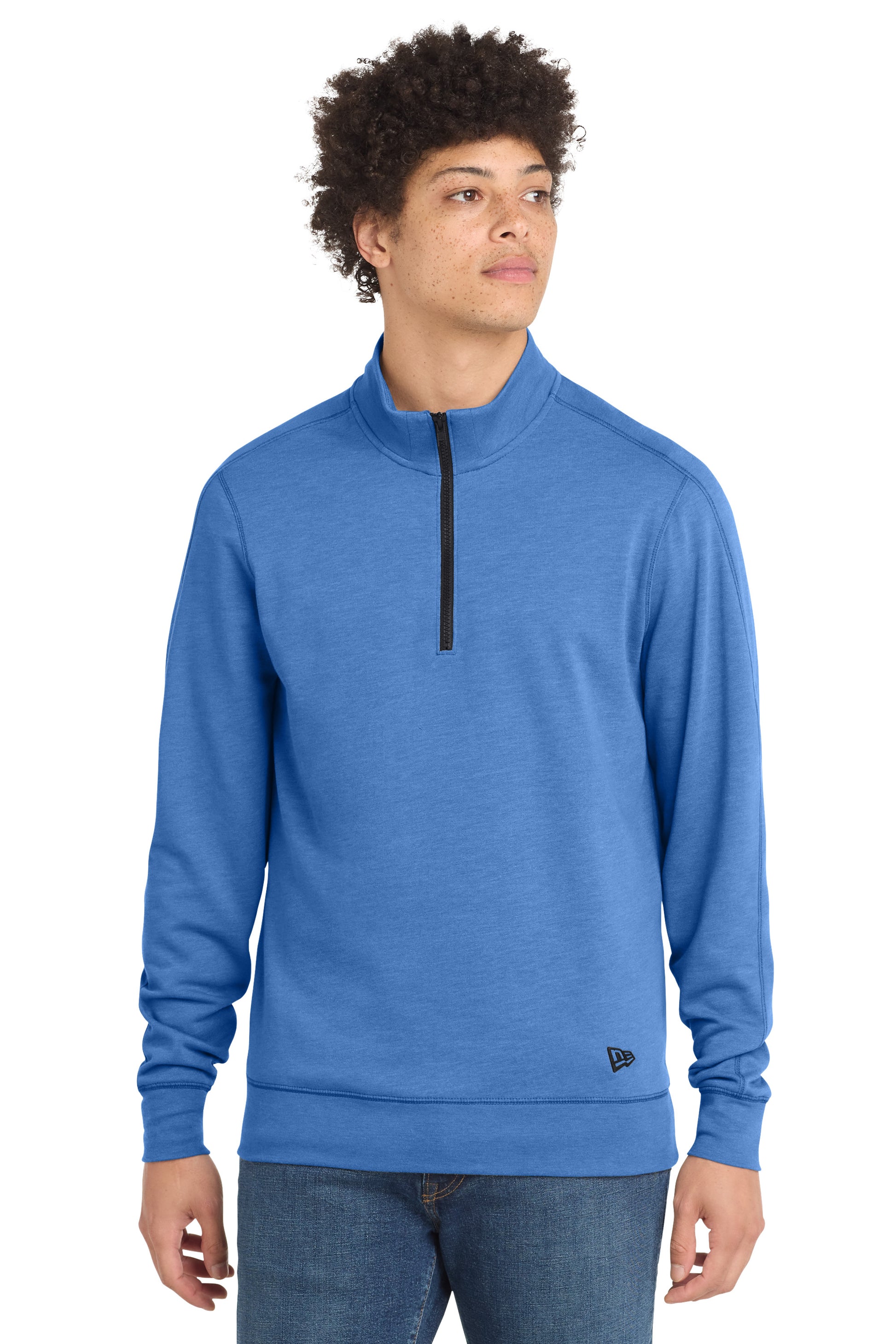 Person wearing a blue pullover with a quarter zip on a white background embroidered New Era® Tri-Blend Fleece 1/4-Zip Pullover