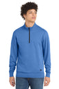 Person wearing a blue pullover with a quarter zip on a white background embroidered New Era® Tri-Blend Fleece 1/4-Zip Pullover