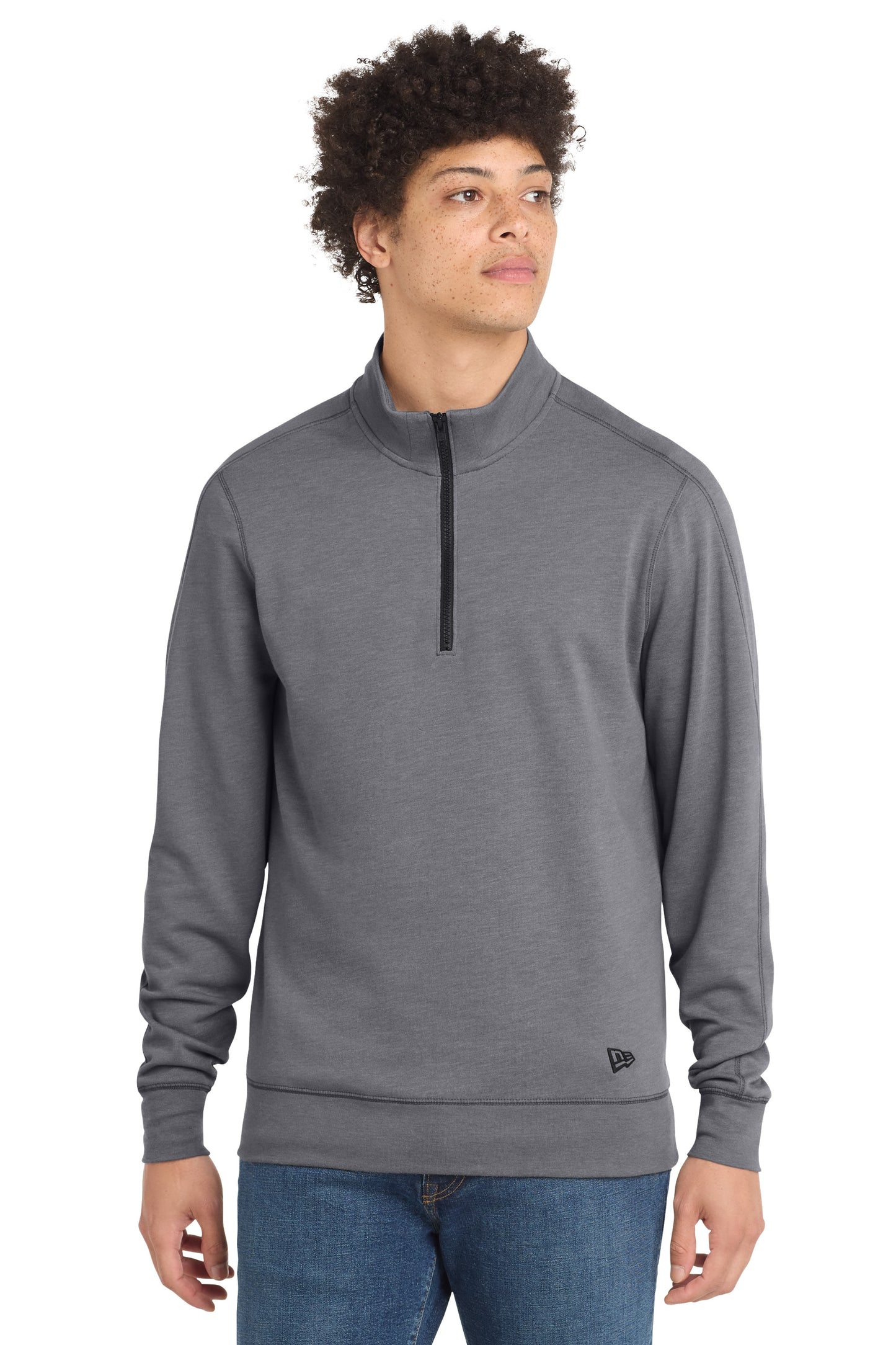 Man wearing a gray quarter-zip pullover with a brand logo on a white background embroidered New Era® Tri-Blend Fleece 1/4-Zip Pullover