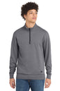 Man wearing a gray quarter-zip pullover with a brand logo on a white background embroidered New Era® Tri-Blend Fleece 1/4-Zip Pullover