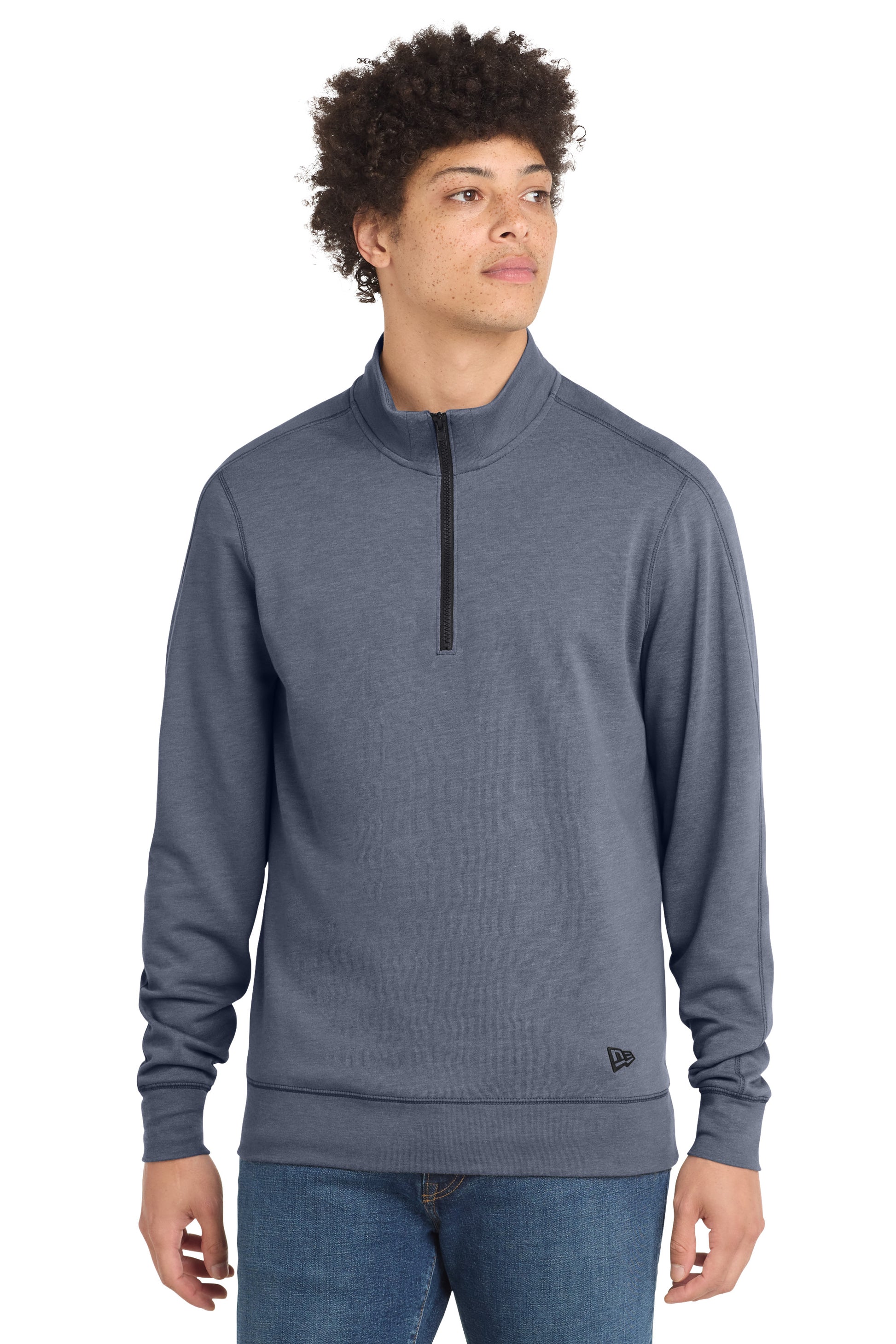 Man wearing a gray half-zip sweatshirt on a white background embroidered New Era® Tri-Blend Fleece 1/4-Zip Pullover